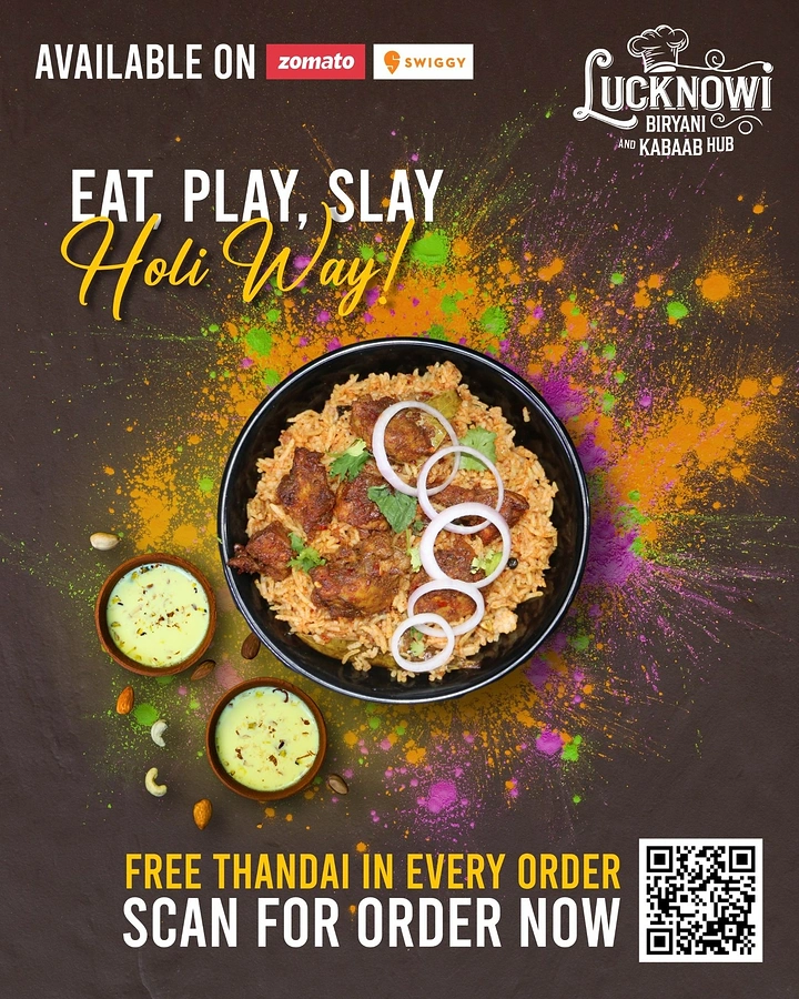 Holi creative ad: Top-down mutton biryani bowl on a splash of Holi colour with thandai cups
