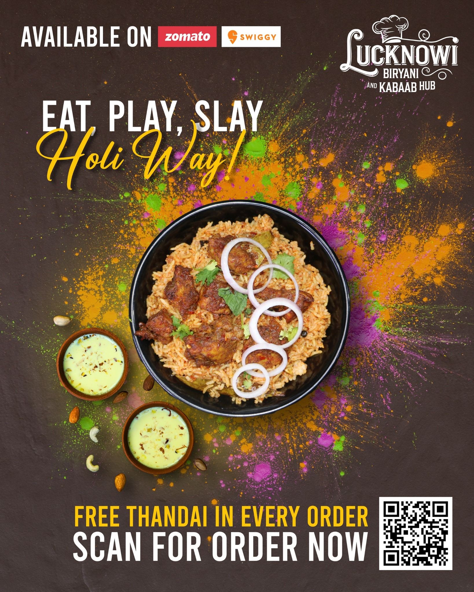 Holi Instagram post: Top-down mutton biryani bowl on a splash of Holi colour with thandai cups