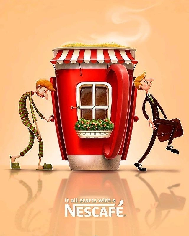 Soft Drinks & Beverages creative ad: Red coffee cup turned into a little house; a sleepy man enters and a sharp businessman leaves