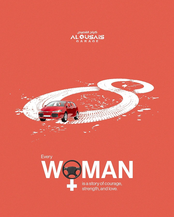 Women's Day creative ad: Car drifting white tire tracks into a figure 8