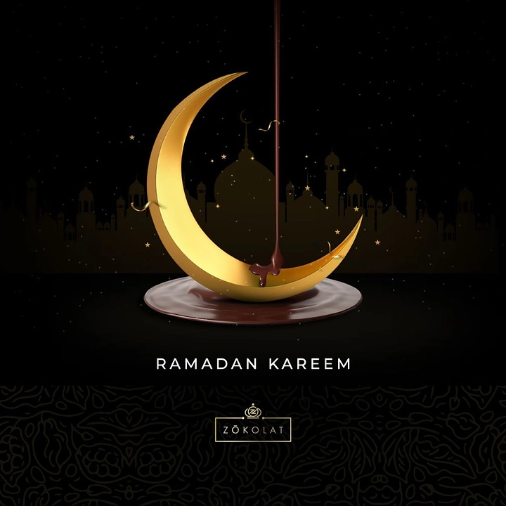 Ramadan creative ad: Gold crescent moon on a pool of melted chocolate with a chocolate stream pouring in