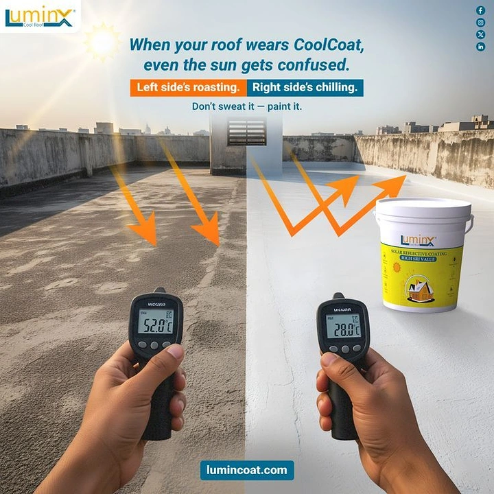 Roofing creative ad: Twin thermometers show coated roof versus bare