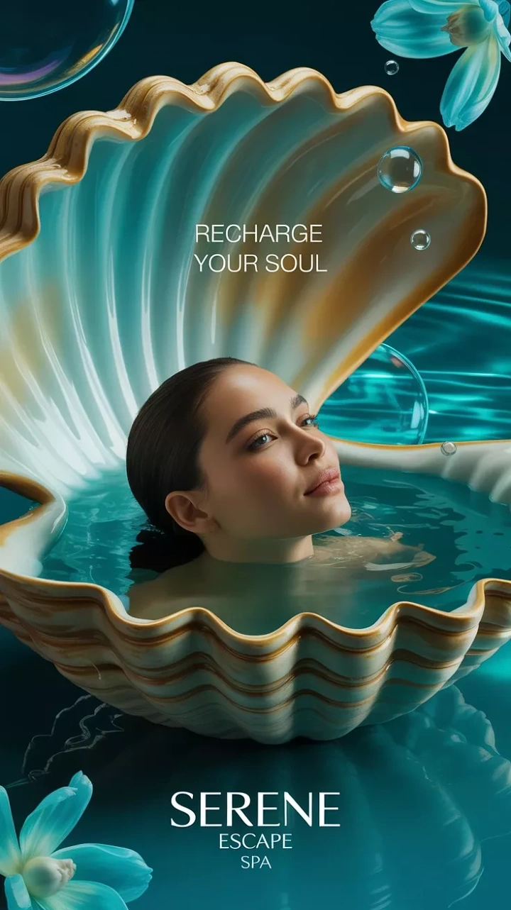 Spa & Massage creative ad: Woman bathing inside giant seashell metaphor
