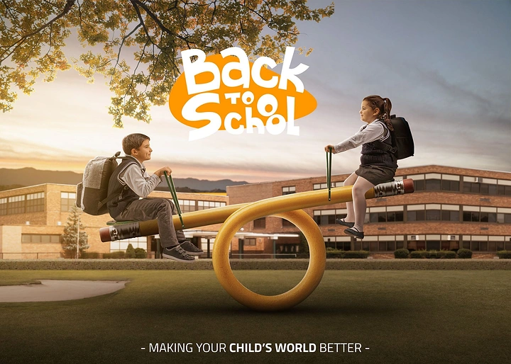 Education creative ad: Two schoolchildren on a seesaw made from a looped yellow pencil