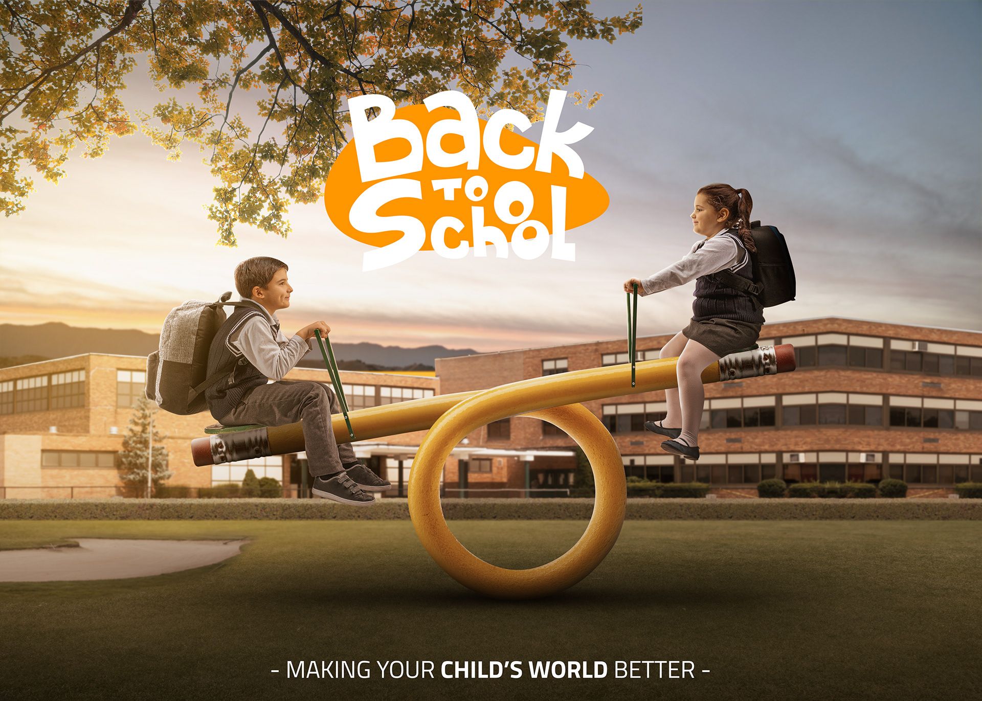 Poster: Two schoolchildren on a seesaw made from a looped yellow pencil