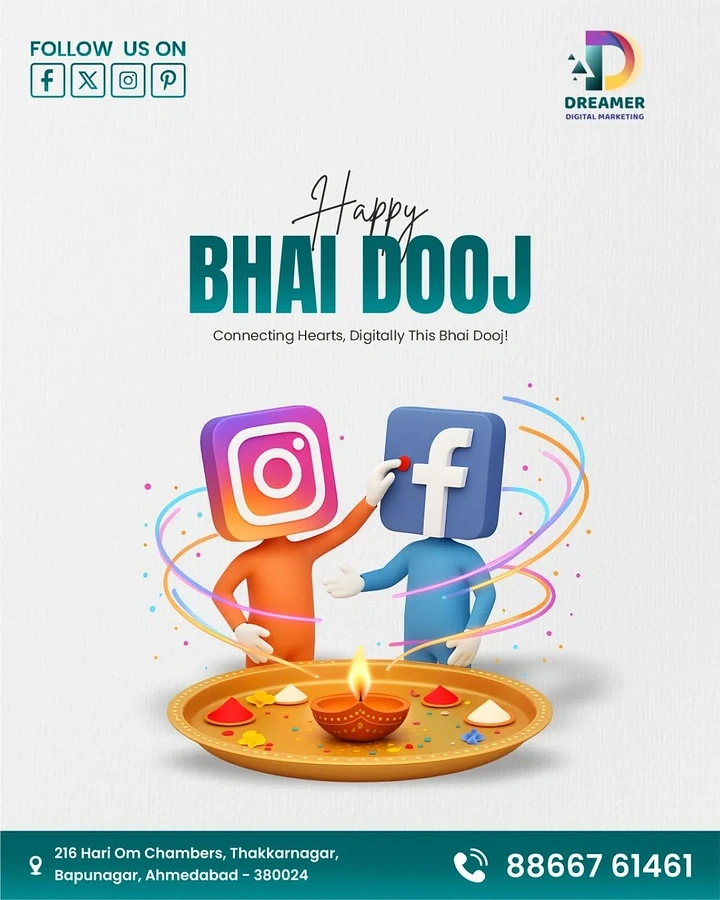 Bhai Dooj creative ad: 3D Instagram and Facebook icon-headed characters doing a tilak ceremony over a puja thali