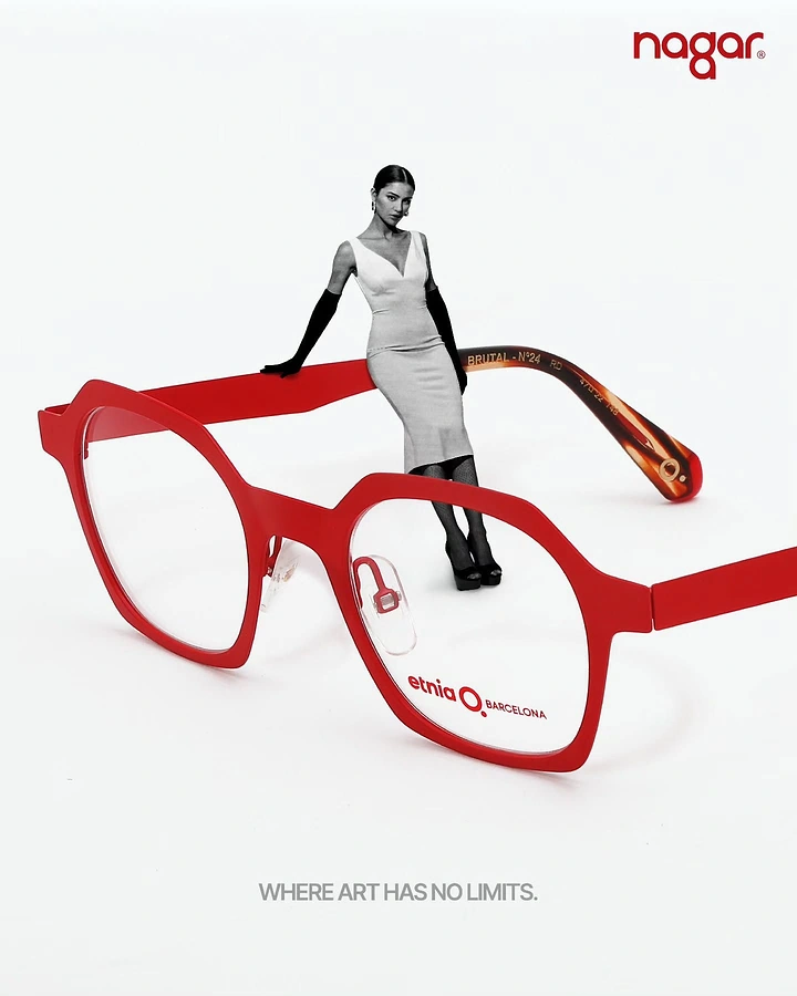 Opticians & Eye Care creative ad: Model posed on giant red frames