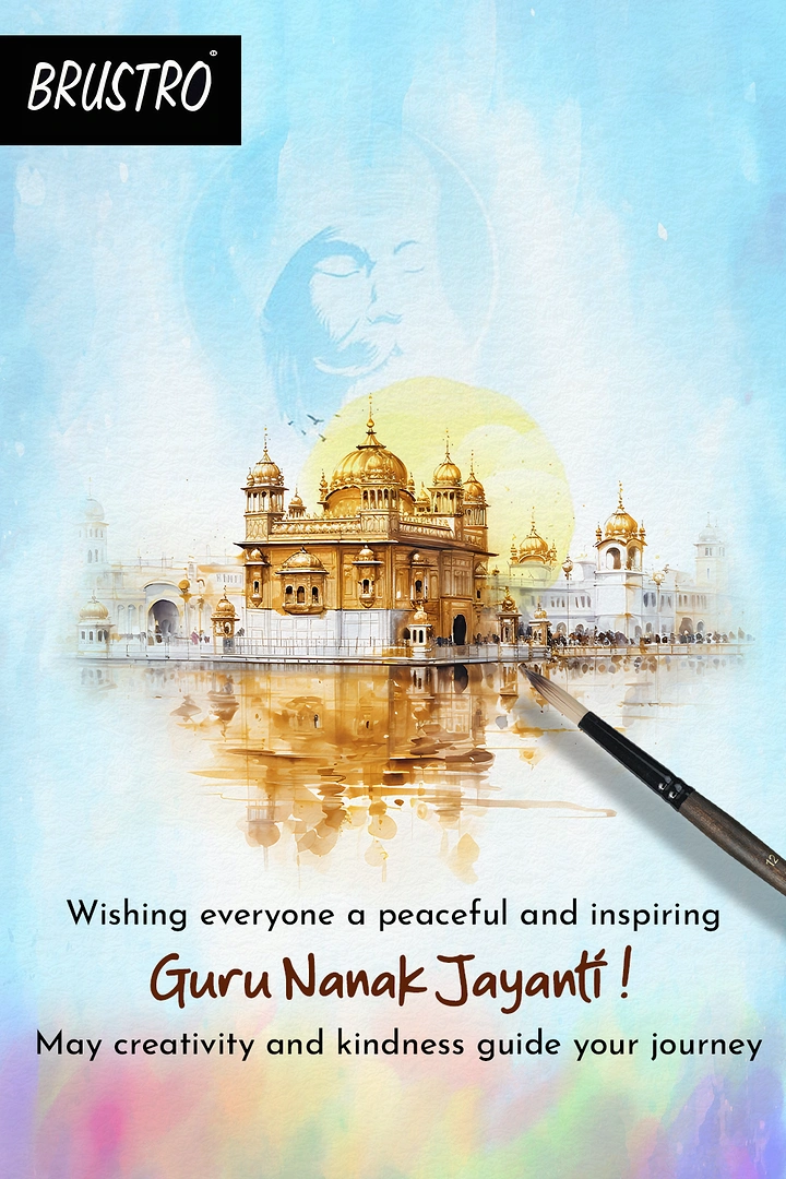 Guru Nanak Jayanti creative ad: Watercolour Golden Temple with reflection and a paintbrush