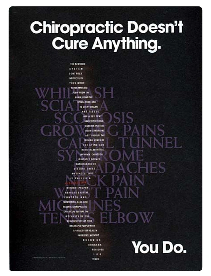 Chiropractors creative ad: Contrarian copy delivers memorable typographic concept
