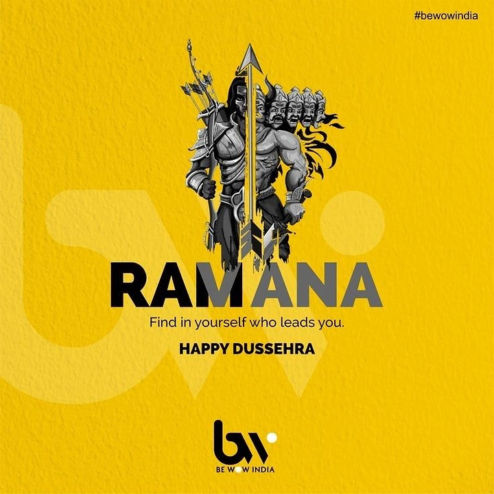 Dussehra creative ad: Half-Rama, half-Ravana monochrome warrior illustration