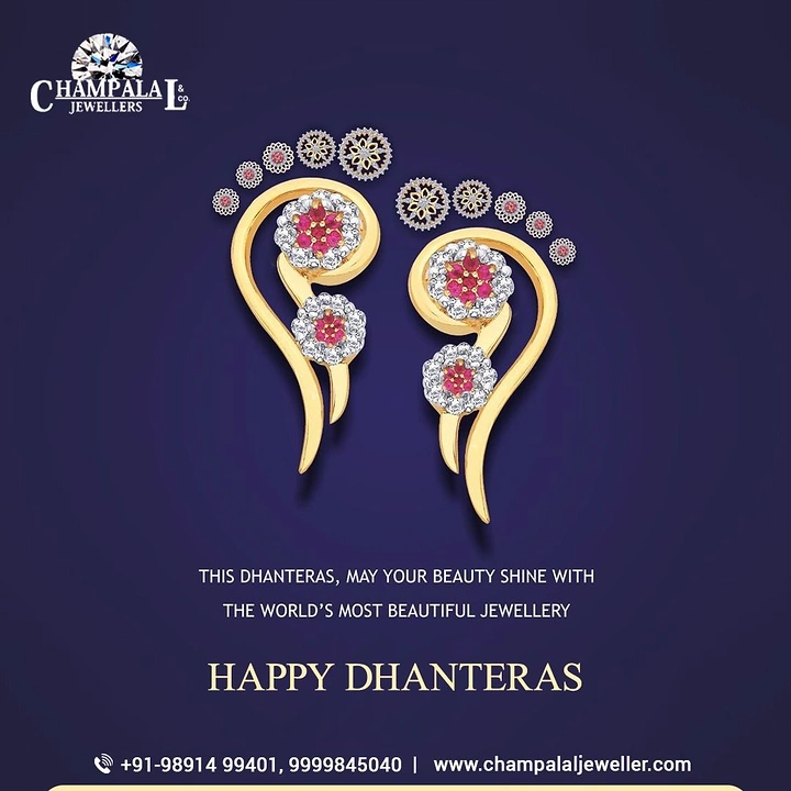 Dhanteras creative ad: Gold ruby-diamond ear cuffs arranged as goddess footprints