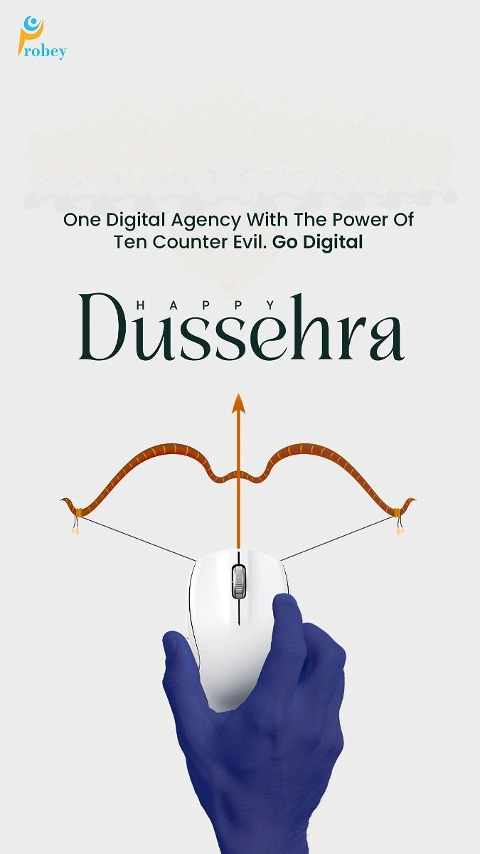 Dussehra creative ad: Hand on computer mouse forming a drawn bow and arrow