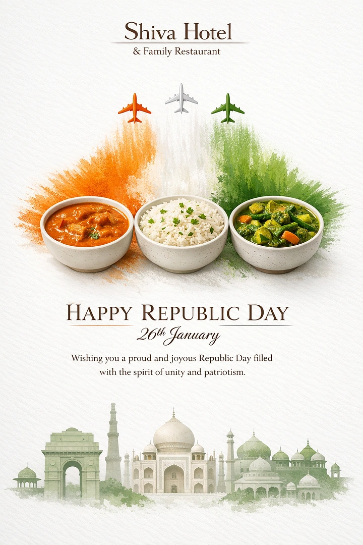 Republic Day creative ad: Three bowls of curry, rice and green sabzi in tricolour order