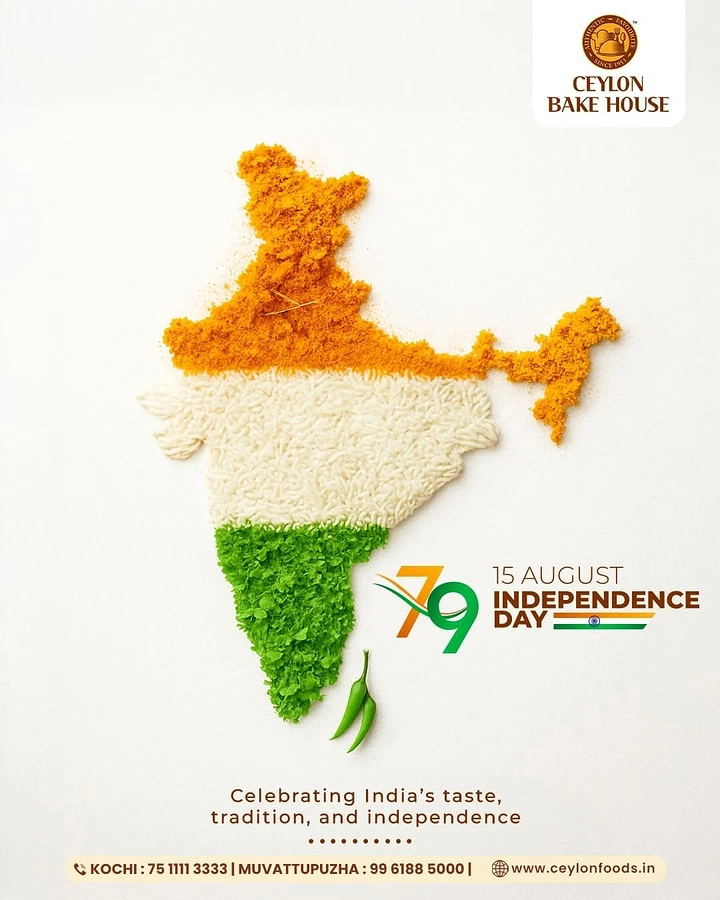 Independence Day creative ad: India map made from turmeric, rice and green herbs in tricolour bands