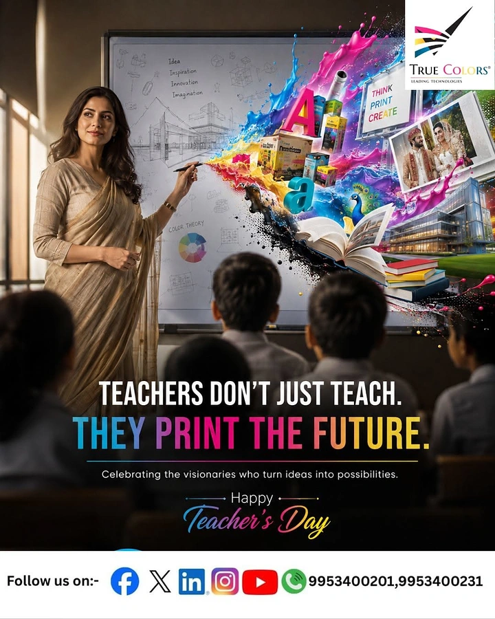 Teachers Day creative ad: Teacher at whiteboard whose sketches burst into colourful printed media