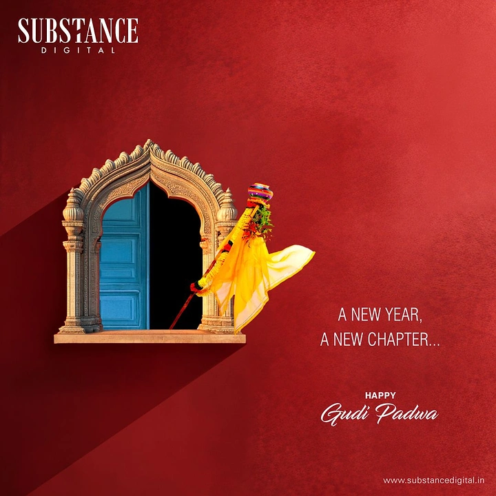 other-festival creative ad: Gudi hoisted beside an ornate carved window