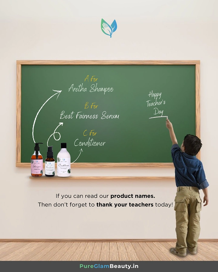 Teachers Day creative ad: Boy writing on a classroom chalkboard with haircare products on the ledge