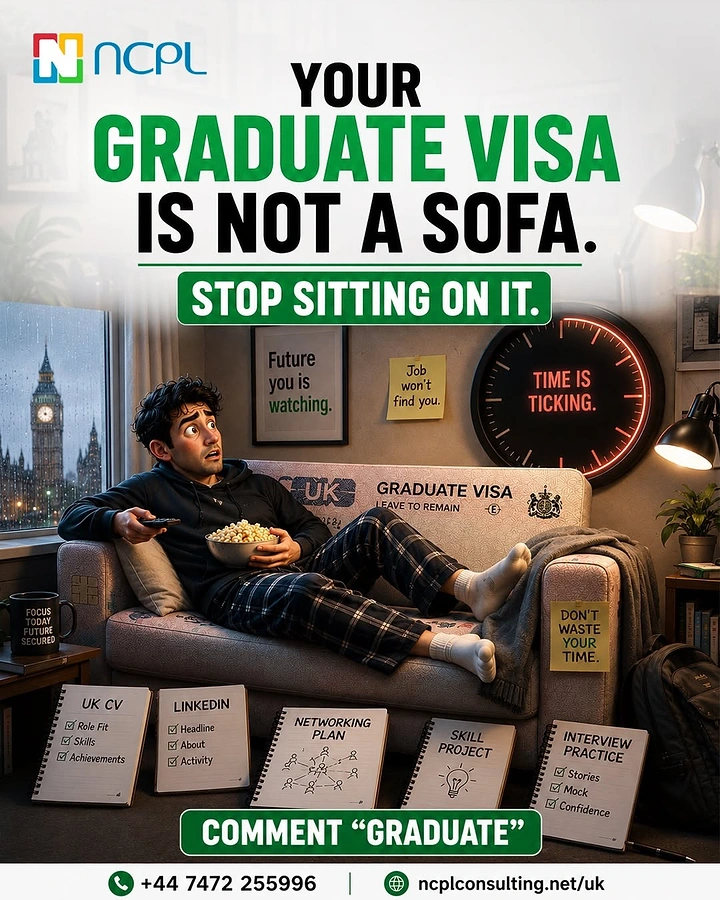 Business Consulting Firms creative ad: 3D cartoon student lounging on a visa-printed sofa