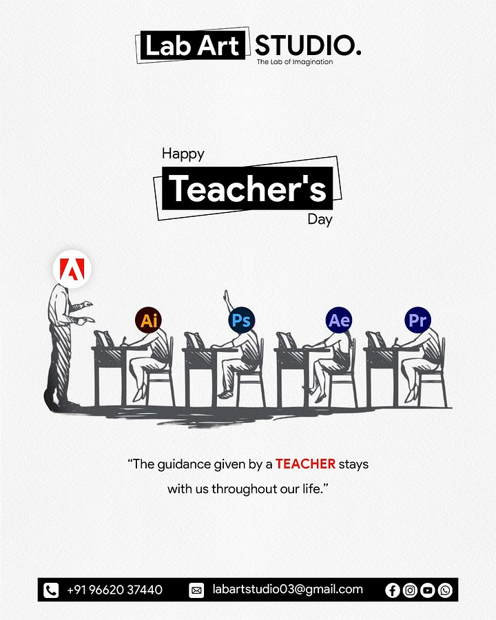 Teachers Day creative ad: Pencil-sketch classroom where the teacher and students have software icons for heads