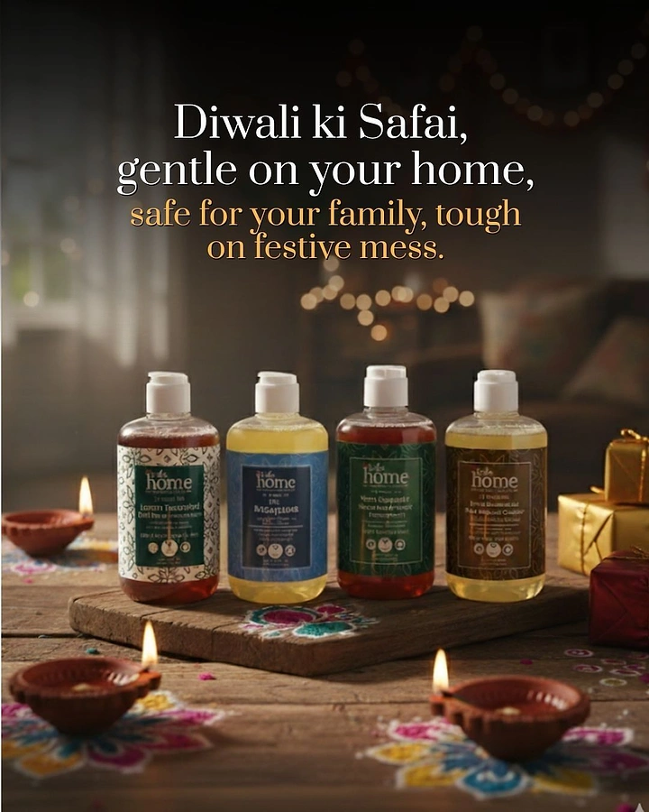 Diwali creative ad: Four natural home-cleaner bottles on a wooden board