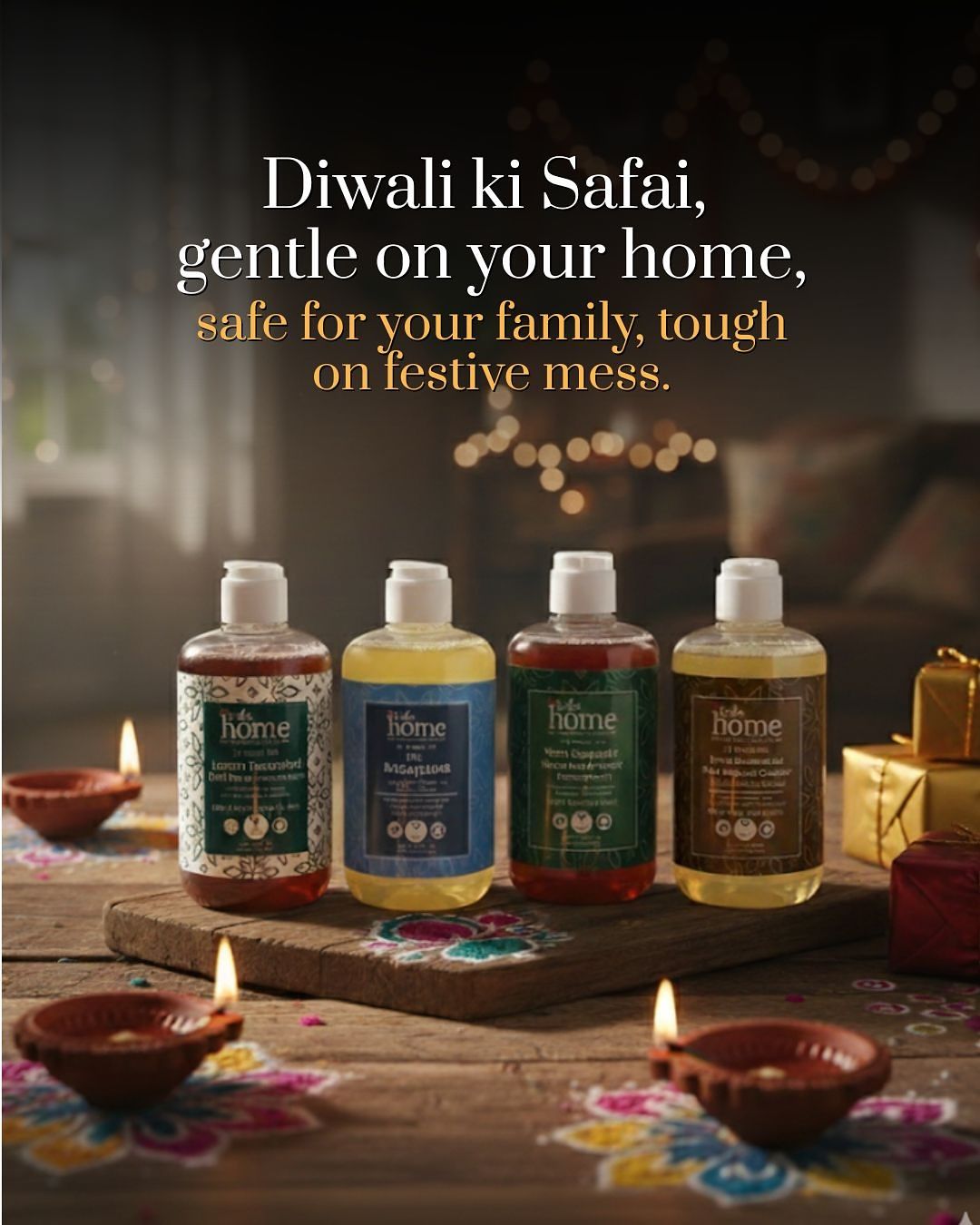 Diwali Instagram post: Four natural home-cleaner bottles on a wooden board