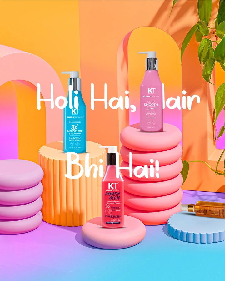 Holi creative ad: Three shampoo bottles on pastel podiums in an arched set