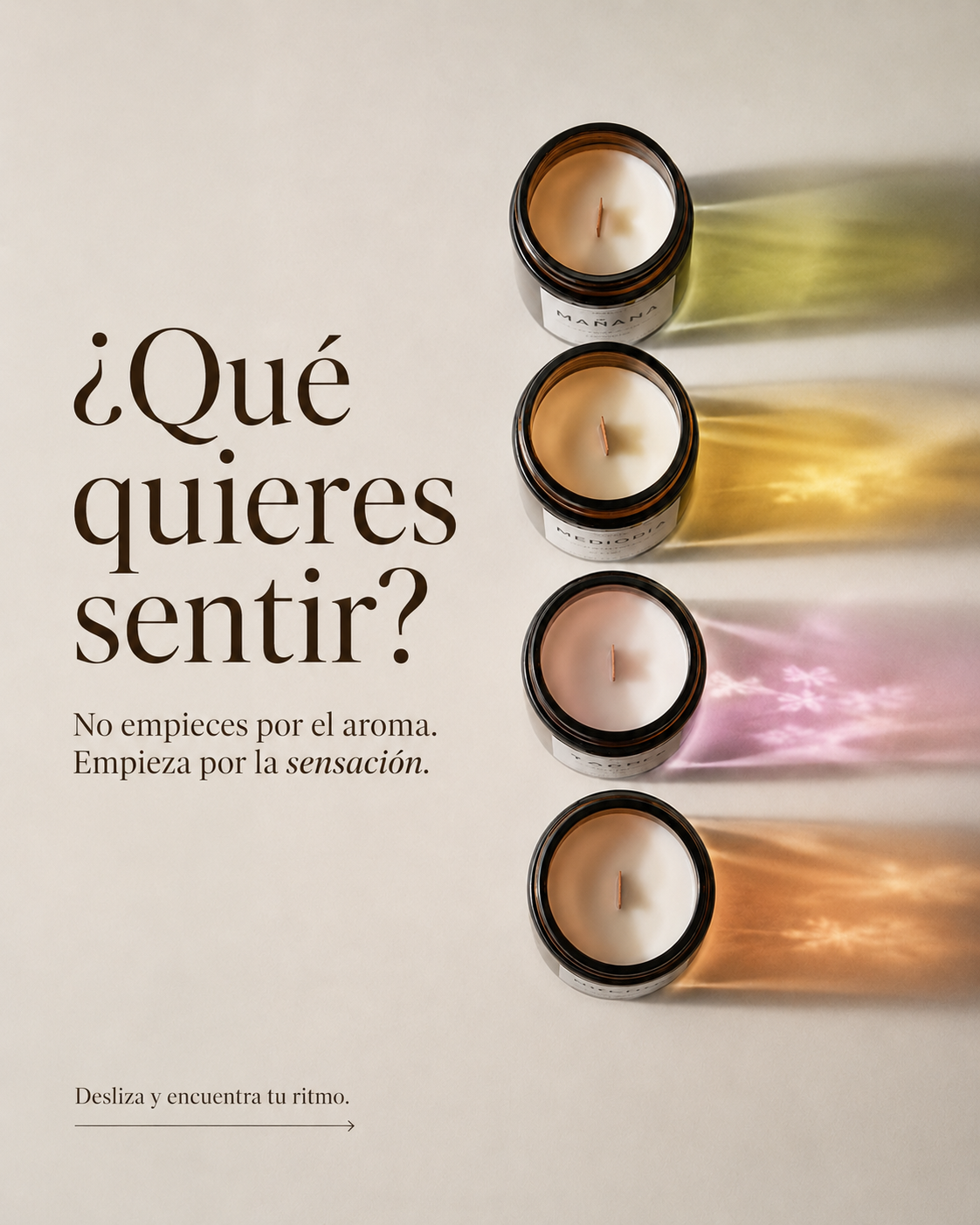 Carousel: Four amber-jar candles in a vertical row casting coloured shadows