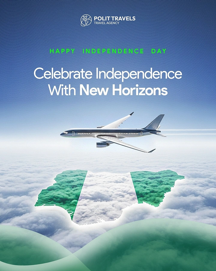 Independence Day creative ad: Airliner flying above clouds over a green-white-green country map