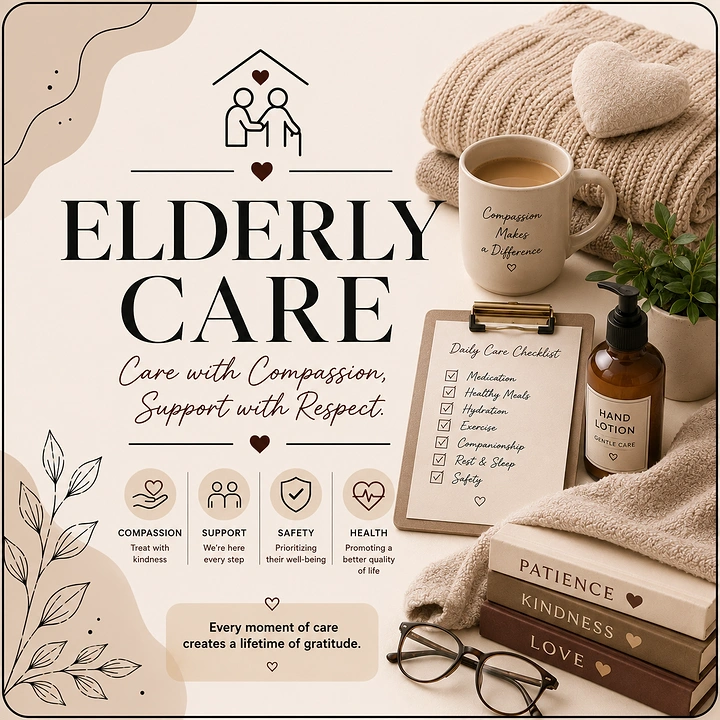 Senior Care creative ad: Values as stacked book spines, cozy