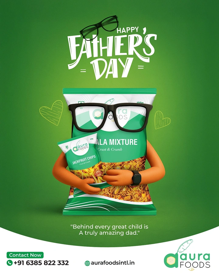 Father's Day creative ad: Snack packet with cartoon arms and glasses hugging a smaller packet