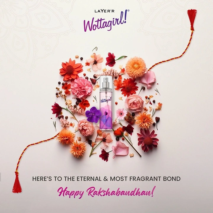 Raksha Bandhan creative ad: Body mist bottle surrounded by a flat-lay of flowers