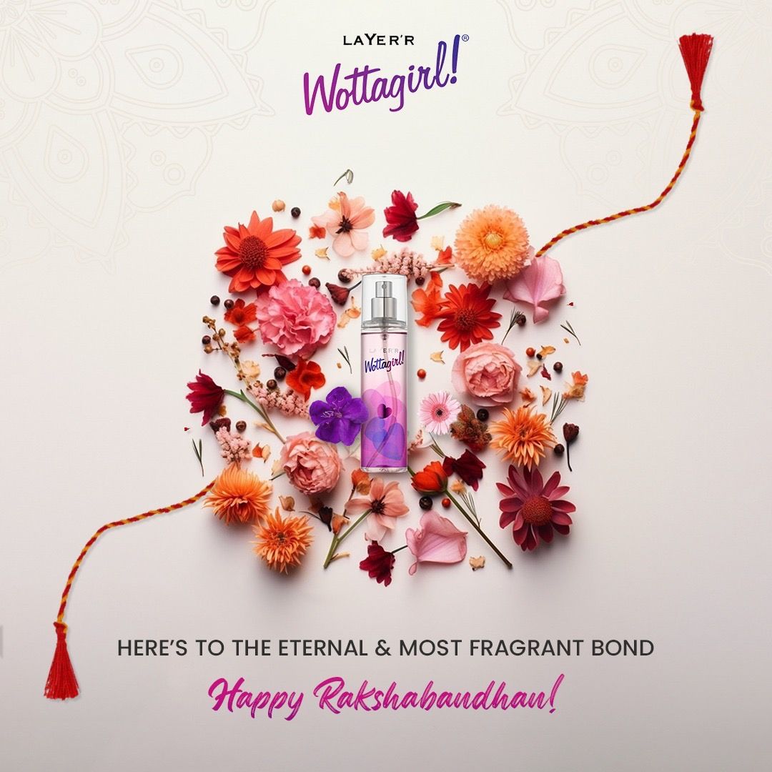 Raksha Bandhan Instagram post: Body mist bottle surrounded by a flat-lay of flowers