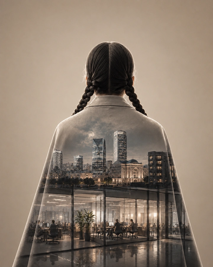 Business Consulting Firms creative ad: Woman from behind with a city and office double exposure