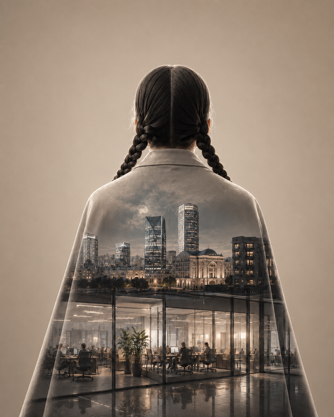 Instagram post: Woman from behind with a city and office double exposure