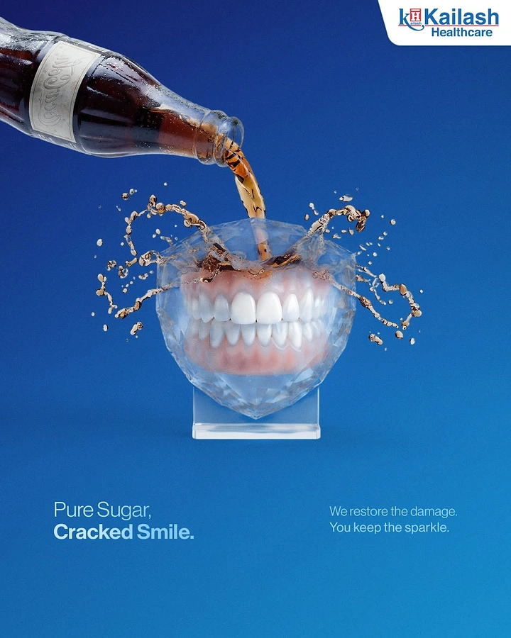 Dental creative ad: Cola pouring onto a faceted crystal holding a set of teeth