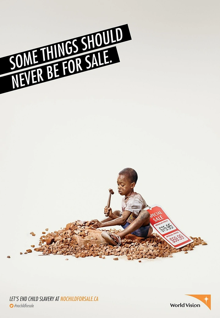 Creative ad: Child breaking stones with a hammer wearing a sale price tag