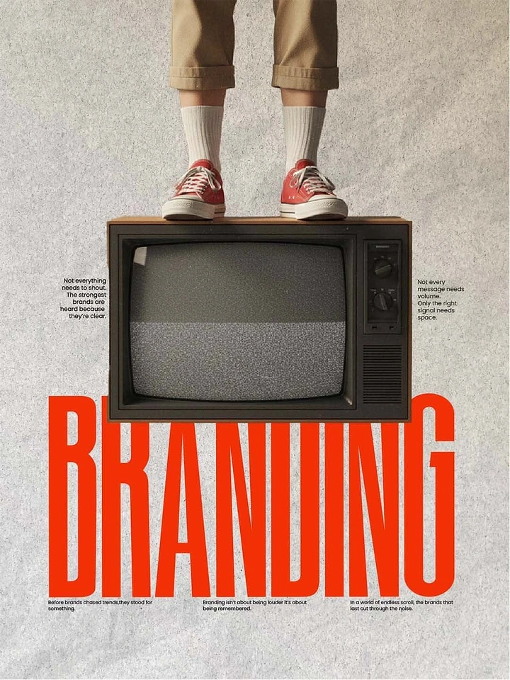 Agency creative ad: Person standing on TV above bold type