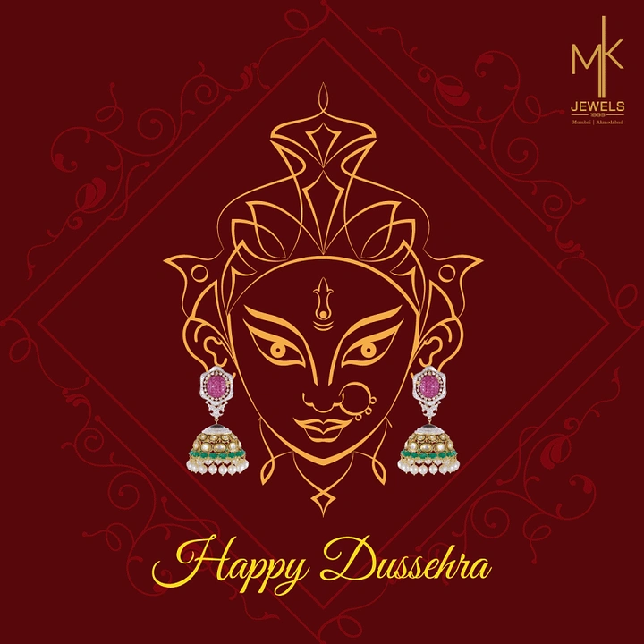 Dussehra creative ad: Gold line-art Durga face wearing real jhumka earrings