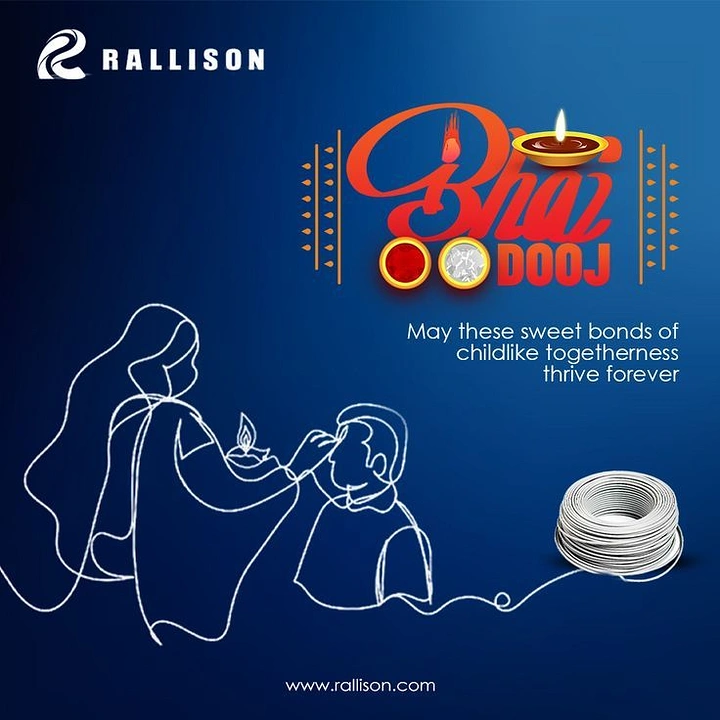 Bhai Dooj creative ad: Continuous white wire line-art of a sister applying tilak to her brother, ending in a cable coil