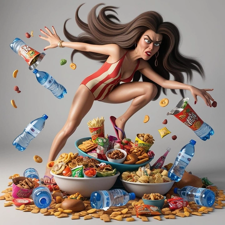 Weight Loss Clinics creative ad: Woman overwhelmed by junk-food chaos