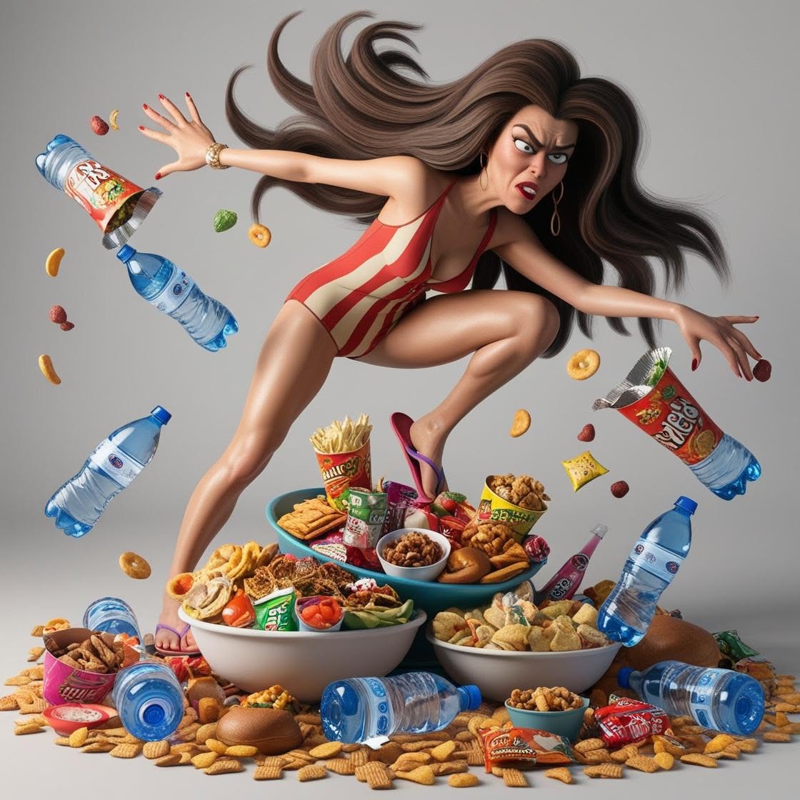 Instagram post: Woman overwhelmed by junk-food chaos