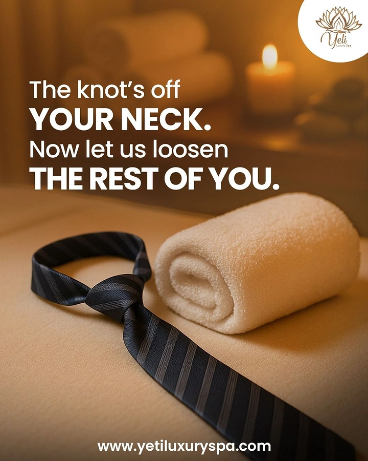 Spa & Massage creative ad: Loosened necktie pun: knot's off your neck