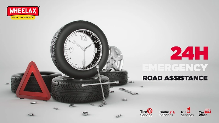 Towing & Roadside Assistance creative ad: Tire-clock visual reinforces 24-hour assistance