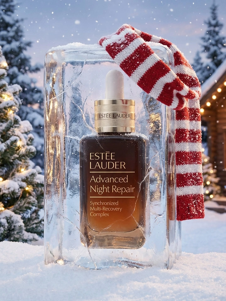 Christmas creative ad: Serum bottle encased in a clear ice block with a candy-stripe scarf