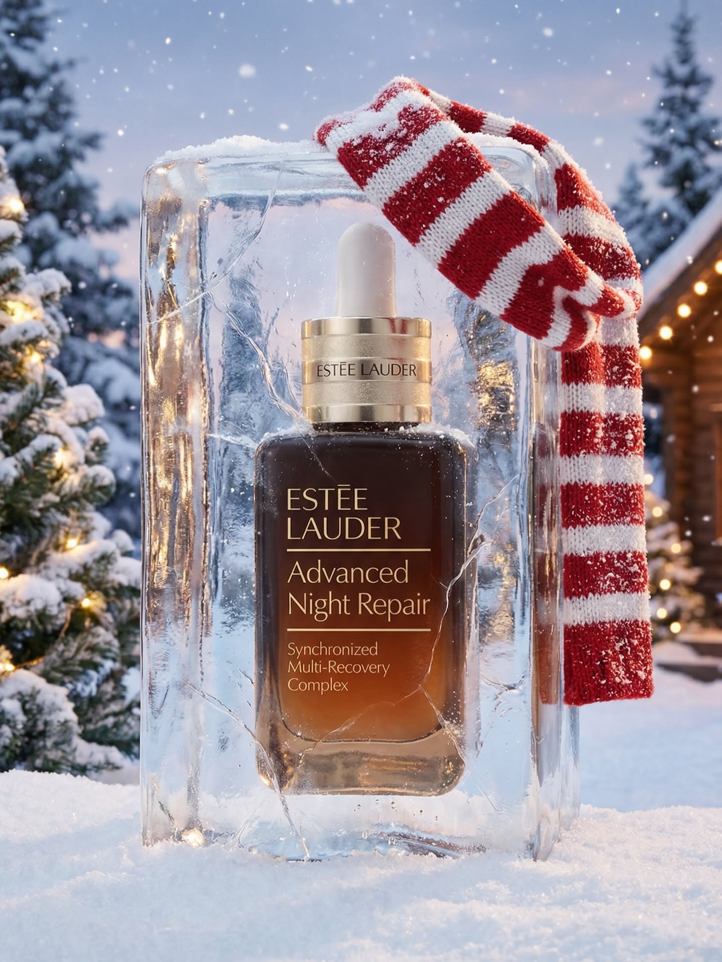 Christmas Instagram post: Serum bottle encased in a clear ice block with a candy-stripe scarf