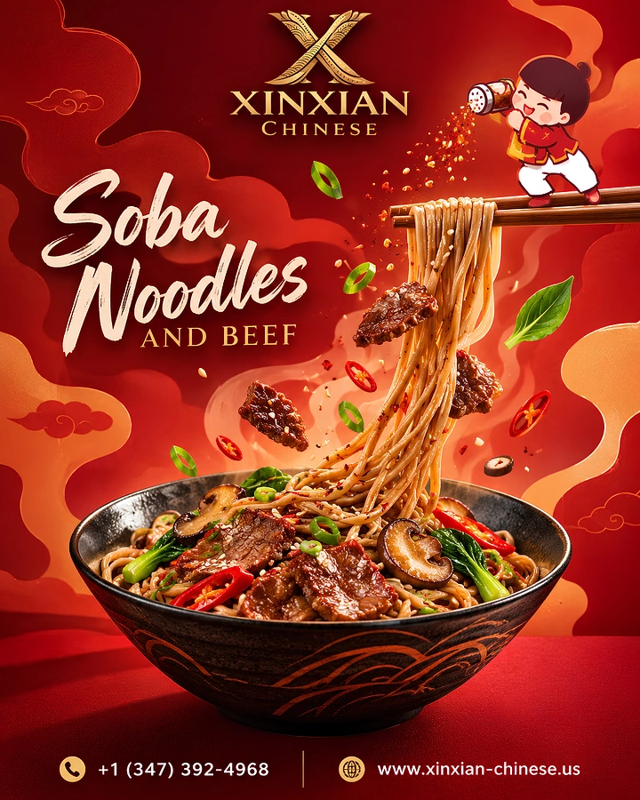 Chinese Restaurants creative ad: Noodles become a dynamic illustrated centerpiece