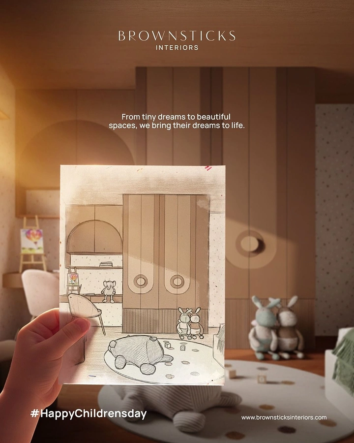 Children's Day creative ad: Child's hand holding sketch of kids room in front of the real rendered room