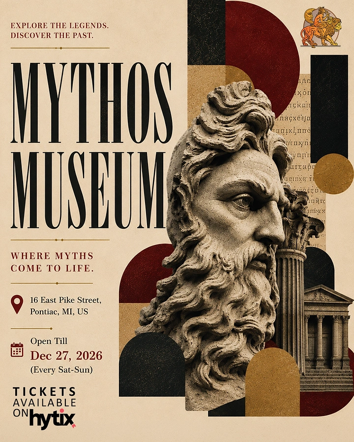 Museums & Art Galleries creative ad: Monumental classical bearded bust surrounded by archaeological collage elements
