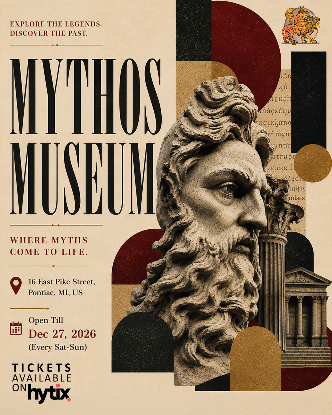 Poster: Monumental classical bearded bust surrounded by archaeological collage elements