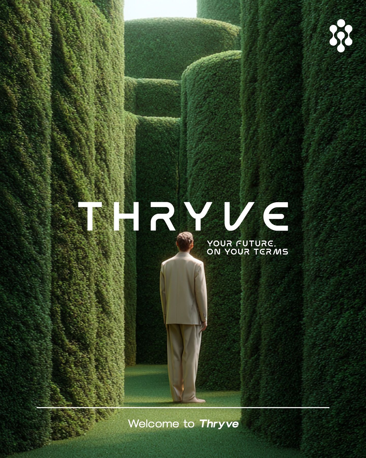 Instagram post: Man in a beige suit standing inside a tall green hedge maze